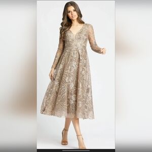 Mac Duggal Beige Embellished Plunge Neck Long Sleeve Midi Dress Style #20286